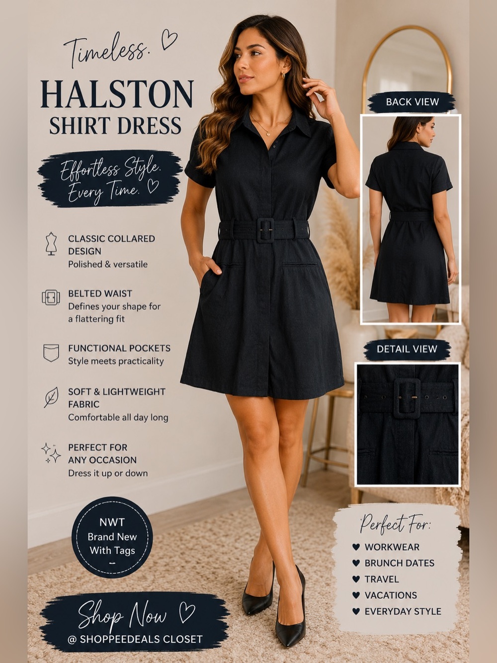 HALSTON Black Shirt Dress Size Medium